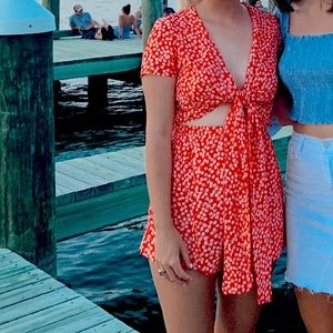 Red and White Floral Princess Polly Virgo Tie Front Romper Size 2